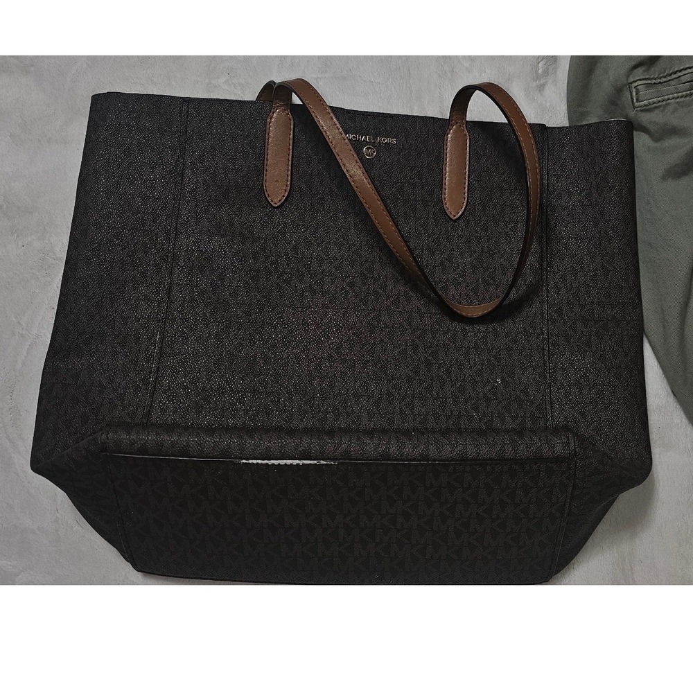 Michael Kors Signature Logo Tote Bag Brown Monogram Leather Trim Shopper Handbag